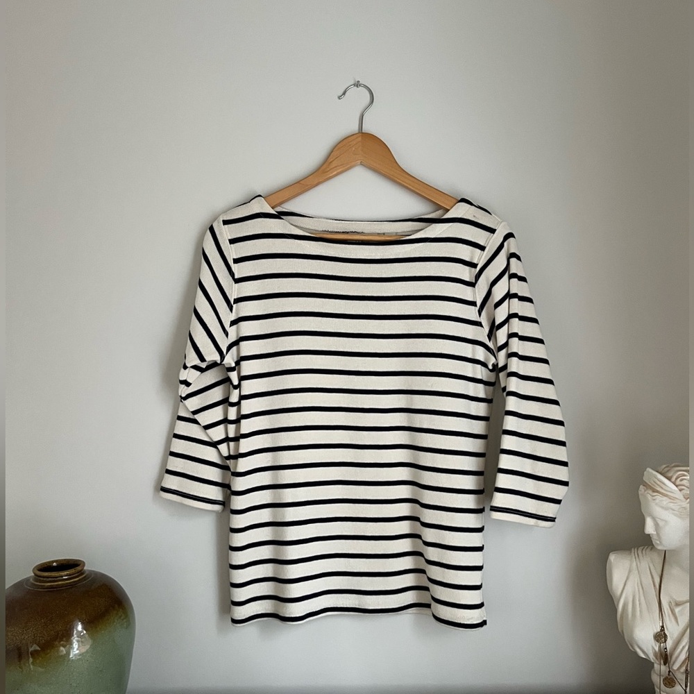 L.L. Bean Breton Stripe Top - Boatneck 3/4 Sleeve Navy Cream Peruvian Cotton